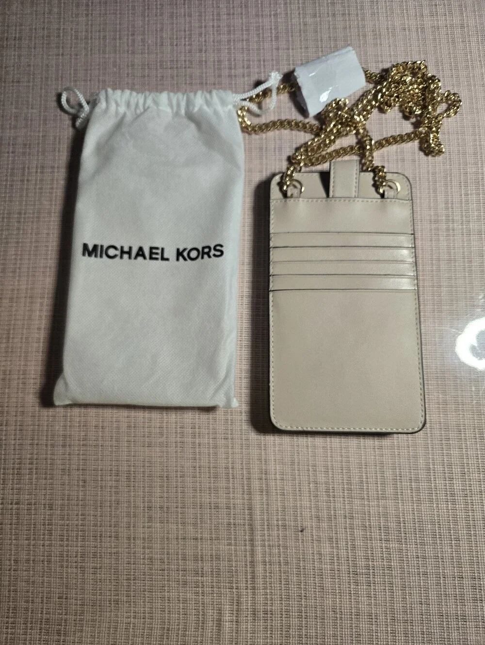 Michael Kors Cream Leather Crossbody Phone Pouch with Gold Chain